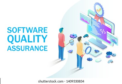 Software Quality Assurance Vector Isometric Illustration. Software Testing, Programming And Coding Concept With People Catching Bugs On Computer Monitor For Web Banner, Website Page Etc.