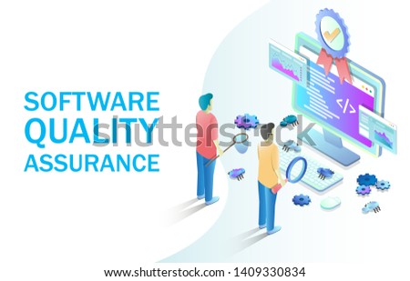 Software quality assurance vector isometric illustration. Software testing, programming and coding concept with people catching bugs on computer monitor for web banner, website page etc.