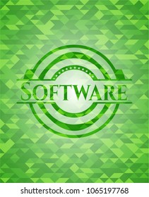  Software realistic green emblem. Mosaic background
