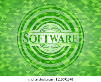 Software realistic green emblem. Mosaic background