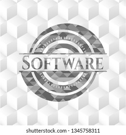 Software realistic grey emblem with geometric cube white background