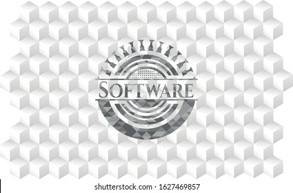 Software realistic grey emblem with geometric cube white background