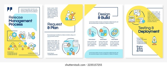 Software release management process blue and yellow brochure template. Leaflet design with linear icons. Editable 4 vector layouts for presentation, annual reports. Questrial, Lato-Regular fonts used