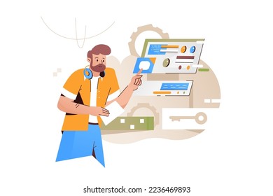 Software requirement description vector illustration. IT specialists updating software, programs and applications flat style concept