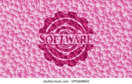 Software retro style pink emblem with bubbles background. Vector Illustration. Detailed. 