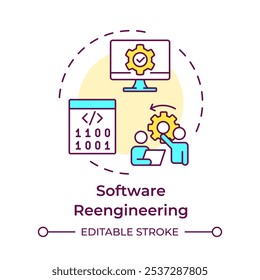 Ícone de conceito multicor de engenharia reversa de software. Análise de código. Reestruturação do sistema, melhoria. Ilustração de linha de forma redonda. Ideia abstrata. Design gráfico. Fácil de usar no artigo