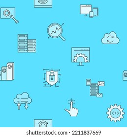 Software seamless pattern in colored line style. Background with computer data symbols. Vector illustration.