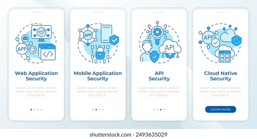Software security blue onboarding mobile app screen. Walkthrough 4 steps editable graphic instructions with linear concepts. UI, UX, GUI template