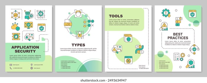 Tipos de seguridad de software círculo verde folleto Plantilla. Diseño de folleto con iconos lineales. Editable 4 diseños de Vector para presentación, informes anuales