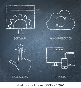 El software como servicio beneficia el conjunto de iconos de pizarra. Sincronización en la nube, multiplataforma, símbolos de acceso fácil. Ilustración vectorial.