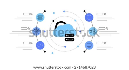 Software as a service. Cloud software. Data processing. Networking equipment. Flat graphics. Abstract scheme. Vector file.
