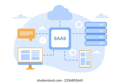 Software as service concept. Modern technologies and digital world, innovations. Cloud service and server, online connection and synchronization of devices. Cartoon flat vector illustration