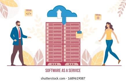 Software as Service and Data Transmission Technology for Business Development Management. Businessman Businesswoman Using Cloud Storage Transfer System, Saas. Server Room Rack Vector Illustration