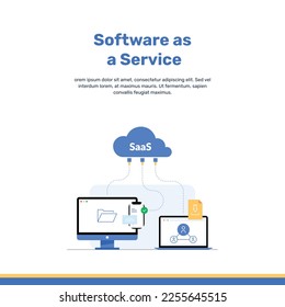 Software como ilustración de servicio y gráficos. Saas, computadora portátil y nube para negocios y marketing. Afiche y pancarta de Saas
