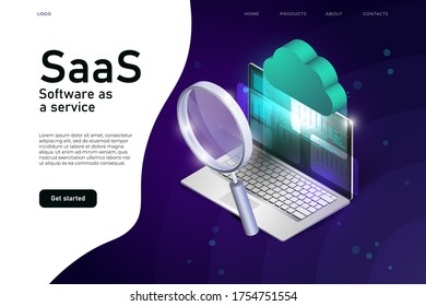 Software als Service isometrische Illustration mit 3D-realistischem Laptop, Saas Cloud und Lupe. Software-Cloud-System
