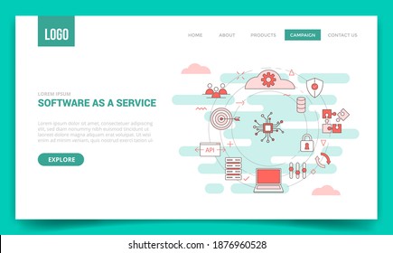 software as a service saas concept cloud computing network connection plan puzzle server laptop padlock with circle icon for website template or landing page banner homepage outline style