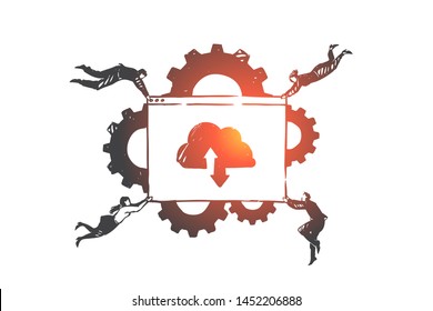 Software as a service SAAS concept sketch. Business people flying and holding laptop screen interface with cloud on it and gears at background. Hand drawn isolated vector illustration
