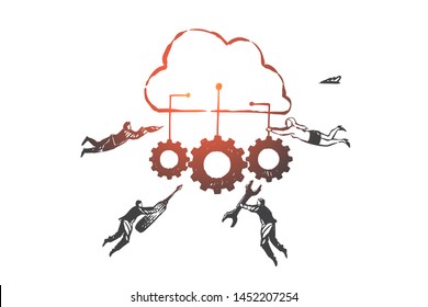 Software as a service SAAS concept sketch. Business people holding tools and gears connected with main cloud in hands. Hand drawn isolated vector illustration