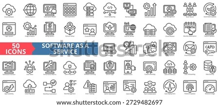 software as a service saas icon set outline style illustration. containing software, online platform, subscription model, web application, data hosting, cloud computing, remote access, login system
