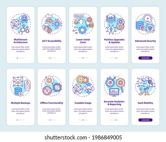 Software como servicio puntos fuertes a bordo de la pantalla de la aplicación móvil con conceptos definidos. Accesibilidad, recorrido de movilidad 5 pasos instrucciones gráficas. plantilla de vector de interfaz de usuario con ilustraciones de color RGB