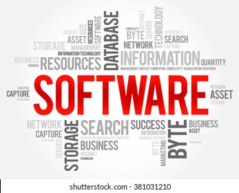 Software is a set of computer programs and associated documentation and data, word cloud concept background