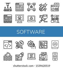 software simple icons set. Contains such icons as Automatic, Search engine, Webpage, Bug, Spyware, Binary code, Navigation, Coding, Firewall, can be used for web, mobile and logo