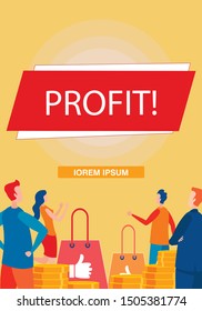 Software and Social Media Networking Service Connection to Provide Financial Business Success. Profit Inscription and Cartoon People Characters - Buyers and Customers. Flat Vector Illustration.