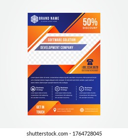 Software solution development company brochure template use vertical layout. Flyer, booklet, leaflet print design. Program optimization. Vector page for magazines, annual reports, advertising posters