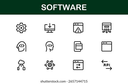 Software solutions visualized in bold style – Professional vector line icon set featuring coding, development, cloud, cybersecurity, UI, DevOps, API, SaaS