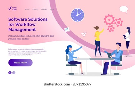 Software solutions for workflow management concept. Employees working with social media. Website landing page template flat style. Team of workers surfing internet, coworking, dealing with business