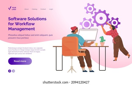 Software solutions for workflow management website vector. Businesspeople working with technical support, consulting service. Employees with computers work in maintenance and customer assistance