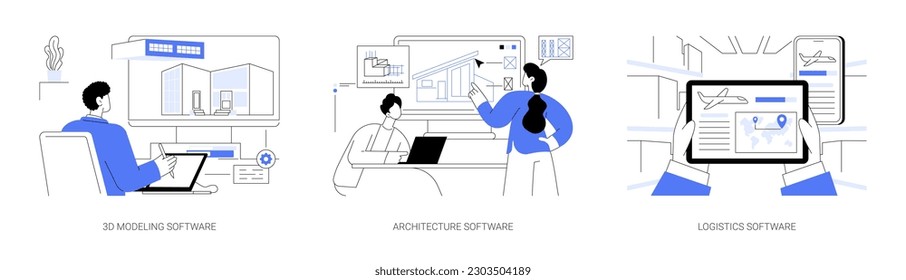 Software for specialists abstract concept vector illustration set. Professional architect use 3D modeling, engineering process, architect team work on computer, logistics management abstract metaphor.