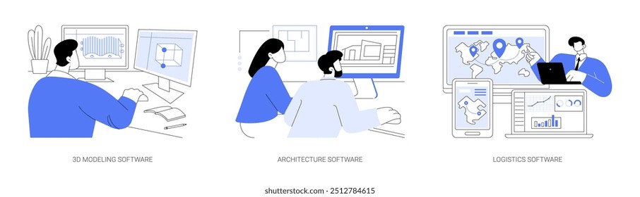 Software for specialists isolated cartoon vector illustrations set. Professional architect use 3D modeling, engineering process, architect team work on computer, logistics management vector cartoon.