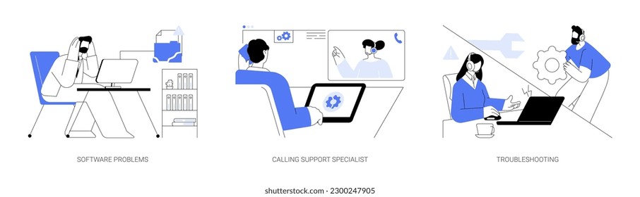 Software support line abstract concept vector illustration set. Angry man has problem with computer software, calling system administrator, fixing error, troubleshooting specialist abstract metaphor.