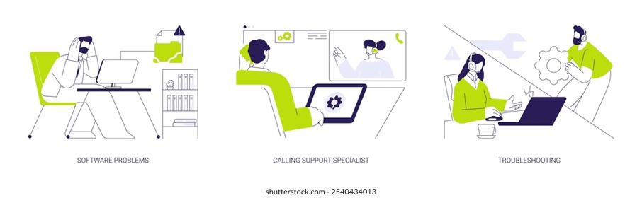 Software support line abstract concept vector illustration set. Angry man has problem with computer software, calling system administrator, fixing error, troubleshooting specialist abstract metaphor.