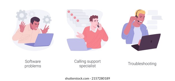 Software support line isolated cartoon vector illustrations set. Angry man has problem with computer software, calling system administrator, fixing error, troubleshooting specialist vector cartoon.