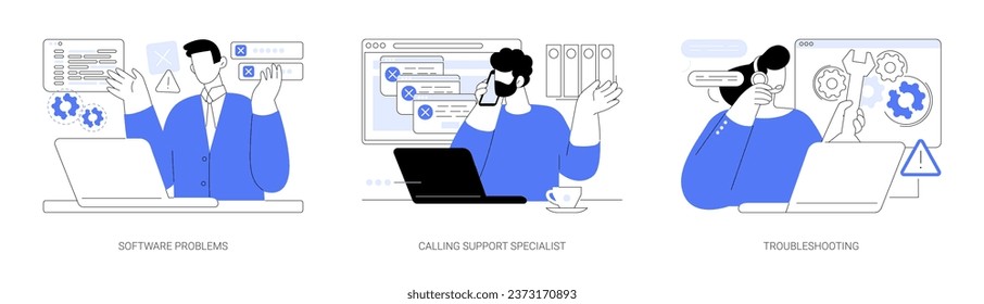 Software support line isolated cartoon vector illustrations set. Angry man has problem with computer software, calling system administrator, fixing error, troubleshooting specialist vector cartoon.