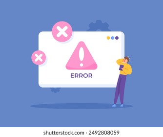 software and system error concepts. notification if a system error occurs. illustration of a user surprised to see a warning window. prevention and safety. technology. flat style design. graphic