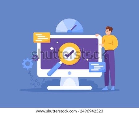 software and system testing concept. testing the feasibility of the application before launching. illustration of a software engineer testing the performance of computer software. flat style design