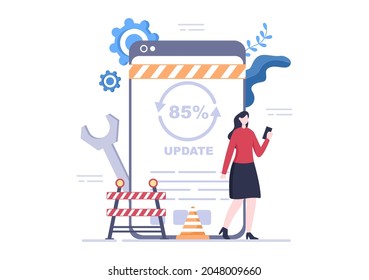 Software System Under Maintenance Vector Illustration. Error Website, Development and Update Webpages on Mobile Application For Poster Template