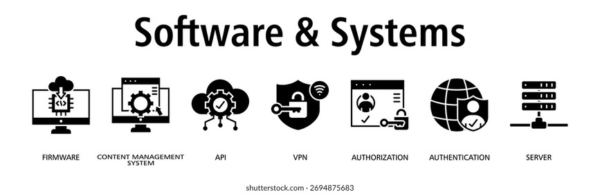 Software e sistemas banner web icon vetor illustration concept with icon of firmware, content management system, api, vpn, authorization, authentication, server
