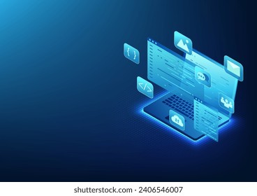 Software technology Software developer who writes programs for operating machines in industrial factories. and public places Laptop screen is software programming code. Isometric image