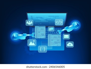 Tecnología de software Los desarrolladores de software que escriben programas utilizan inteligencia artificial para ayudar a escribir código. utilizado en fábricas industriales Pantalla para portátiles con código de software y brazo mecánico