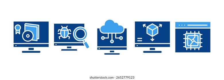 Software Technology Icon Set Multiple Style Collection, Containing design Software Licensing, Software Tester, Cloud Computing, Cad Modeling, Api Integration