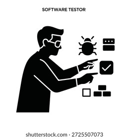 Testador de software analisando bugs com ícones de tecnologia