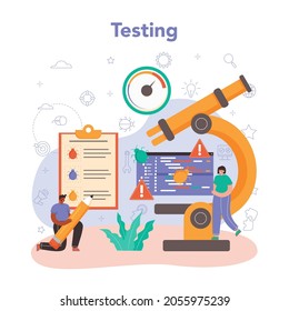 Software tester. Application or website code testing. Software development and debugging. IT specialist searching for bugs. Idea of computer technology. Isolated flat vector illustration