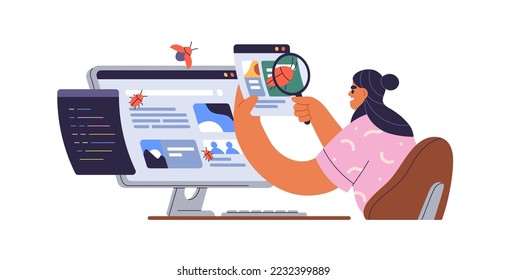 Software tester at computer, finding program bugs, analyzing code mistakes with magnifier. QA, testing automation, report, debugging concept. Flat vector illustration isolated on white background