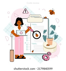 Software tester concept. Application or website code testing. Software development and debugging. IT specialist searching for bugs. Idea of computer technology. Isolated flat vector illustration