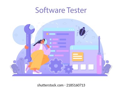 Software tester concept. Application or website code testing. Software development and debugging. IT specialist searching for bugs and correcting errors. Flat vector illustration