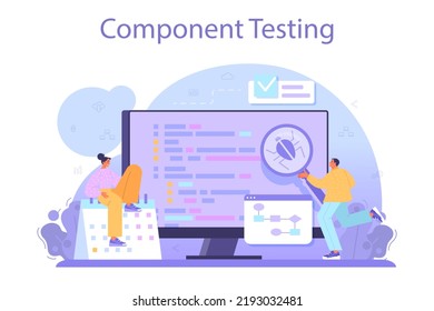 Software tester concept. Application or website code testing. Software development and debugging. IT specialist searching for bugs and correcting errors. Flat vector illustration